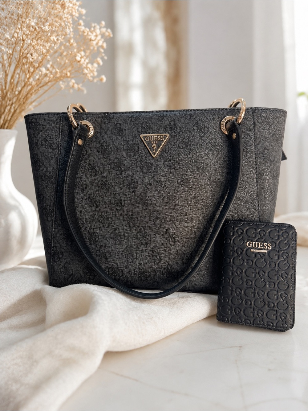 GUESS Black Logo Tote with Matching Wallet and Gold Hardware